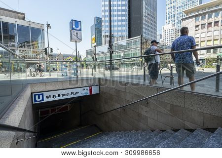 Frankfurt, Germany. July 2019.  Subway Entrance In Willy Brandt Square