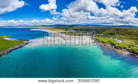 Aerial View Of The Awarded Narin Beach By Portnoo And Inishkeel Island In County Donegal, Ireland