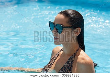 Profile View Of Beautiful Stunning Elegant Brunette Model Woman With Perfect Face In Swim Suit With 