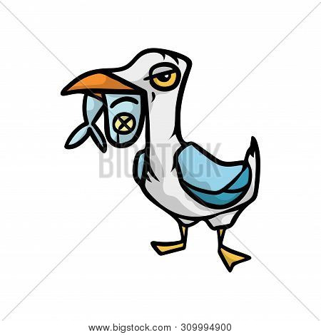Serious Seagull With Blue Wings Catched The Sea Fish