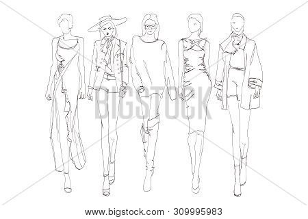 Beautiful Young Womens. Hand Drawn Fashion Girls. Fashion Model Posing. Sketch. Vector Illustration