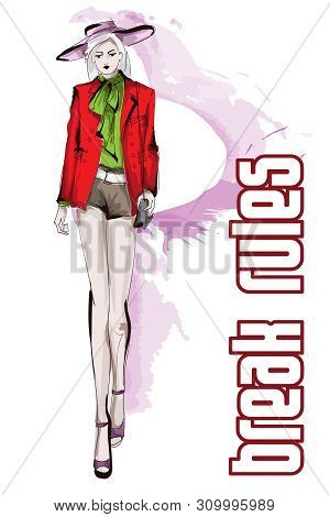 Beautiful Young Women In A Red Jacket, Shorts, Green Blouse And Wide-brimmed Hat. Hand Drawn Fashion