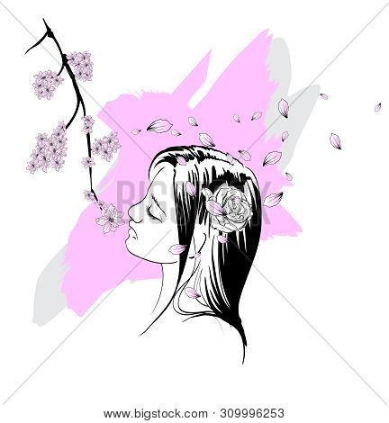 Beautiful Fashion Women With Abstract Colorful Flower. Hand Drawn Vector Fashion Illustration. Femal