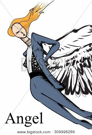 Angel Girl. Vector Sketch Girl With Wings. Fashion Angel. Vector Illustration.