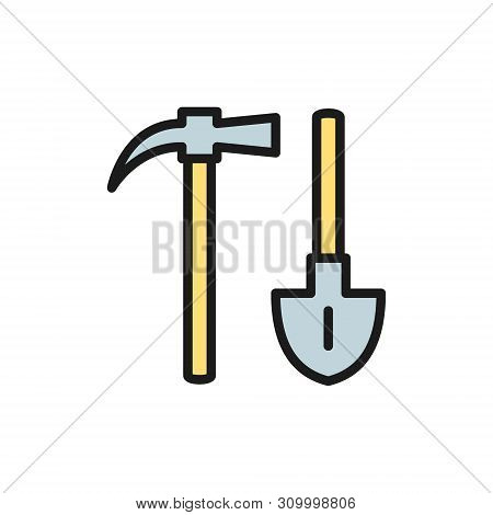 Mining Axe With Shovel Flat Color Icon.