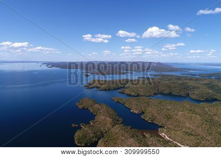 Aerial View Of Manso Lake Hydroelectric, Mato Grosso, Brazil. Great Landscape. Travel Destination. V