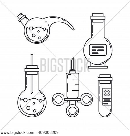 Line Medical Pharmaceutica Icon Set Retort, Tube, Syringe. Professional Equipment Symbol. Science, P