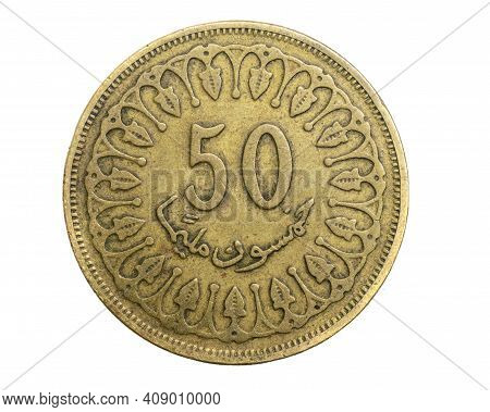 Tunisia Fifty Milliemes Coin On White Isolated Background