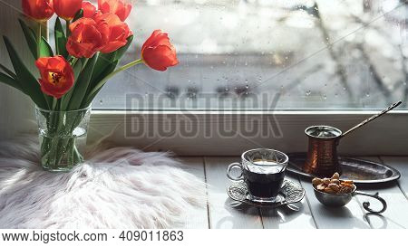 Oriental Coffee In Traditional Turkish Copper Coffee Pot With Flowers On Window Sill. Rustic Wooden 