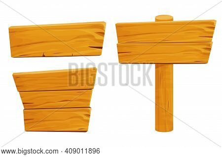 Set Of Wooden Tablets, Textured Panels, Signboard In Cartoon Style Isolated On White Background Stoc