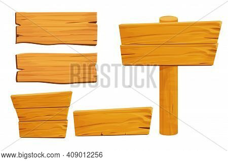 Set Of Wooden Tablets, Textured Panels, Signboard In Cartoon Style Isolated On White Background Stoc