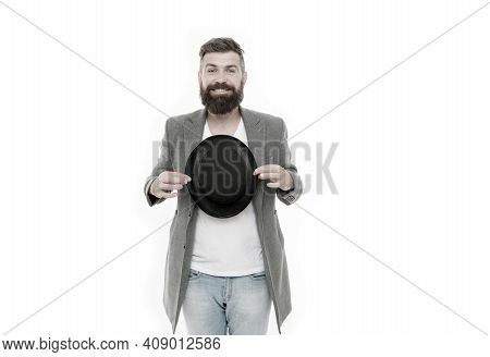 Man Bearded Guy Magician. Magic Trick Performance Concept. Circus Magic Trick Performance. Entertain