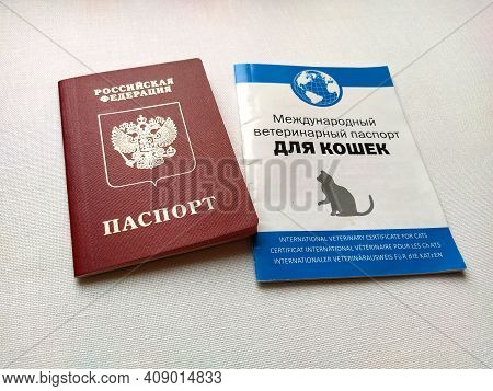 Moscow, Russia, November 29, 2020. Inscription - Russian Federation, Passport. Inscription - Interna
