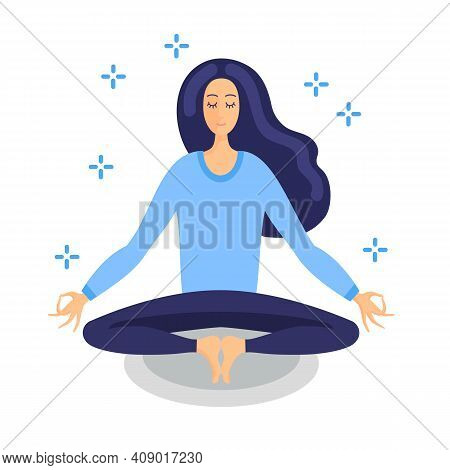 Illustration Of Woman In Lotus Pose Meditating With Sparkles Around Her.