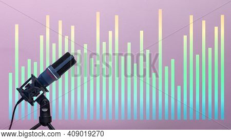 Blue Microphone On Pink Cyber Sound Waves With Podcast On Microphone