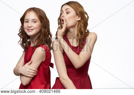 Mom And Daughter Red Dress Hug Family Joy Friendship