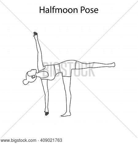 Halfmoon Pose Yoga Workout Outline On The White Background. Vector Illustration