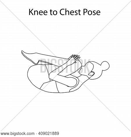 Knee To Chest Pose Yoga Workout Outline On The White Background. Vector Illustration