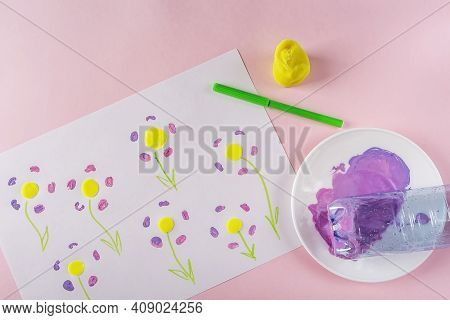 Diy And Kids Creativity Step By Step Instruction: Draw Greeting Card With Paints, Plastic Bottle. St