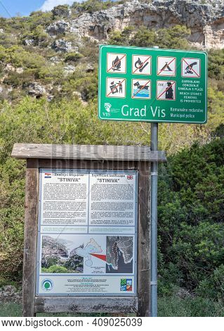 Vis, Croatia - Aug 17, 2020: Forbidden Sign Information Board At Stiniva Beach In Summer
