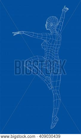 Wireframe Ballerina Or Dancer In Dance Pose. Vector 3d Rendering