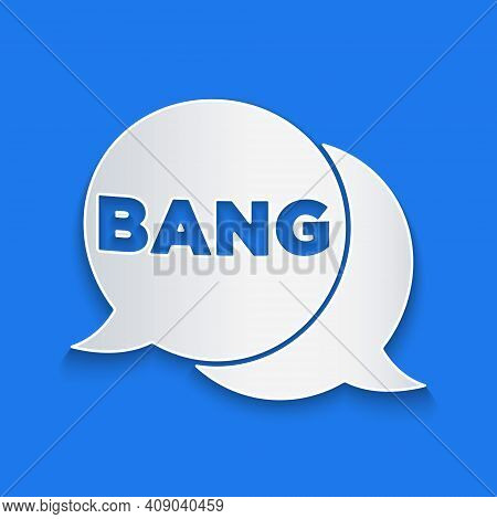 Paper Cut Bang Boom, Gun Comic Text Speech Bubble Balloon Icon Isolated On Blue Background. Paper Ar