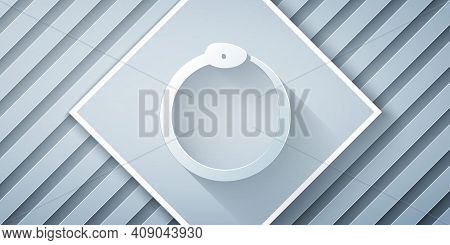 Paper Cut Magic Symbol Of Ouroboros Icon Isolated On Grey Background. Snake Biting Its Own Tail. Ani