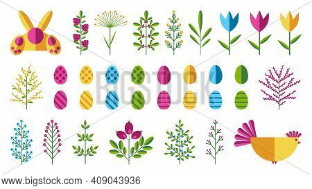 Set Of Happy Easter Design Elements - Painted Eggs, Chicken, Rabbit, Tulip, Flower, Berry, Branch. S