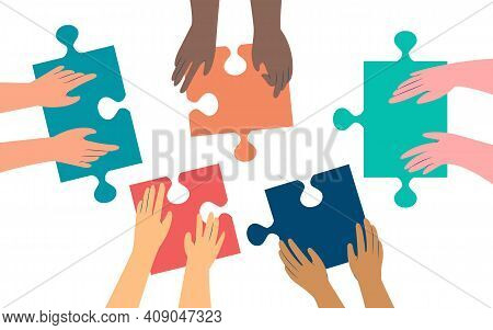 Five Pairs Of Hands Of Diffirent Skin Colors Moving In Puzzle Pieces. Working Together To Solve A Pr