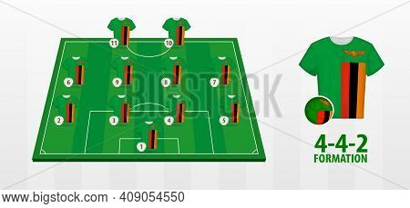 Zambia National Football Team Formation On Football Field. Half Green Field With Soccer Jerseys Of Z