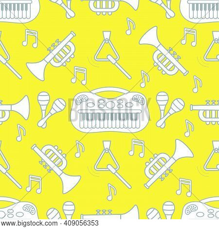 Vector Seamless Pattern With Children's Musical Toys. Illustration With Musical Instruments. Maracas