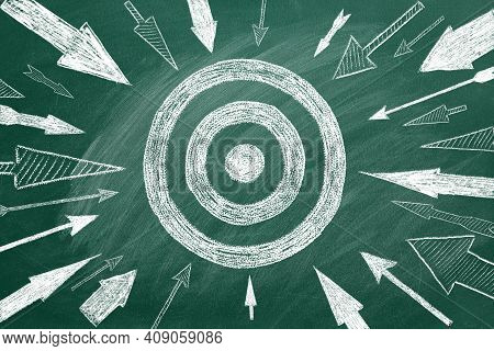 Many Different Arrows And Target Drawn In Chalk On A Blackboard. Concept Of Threat, Danger, Menace, 