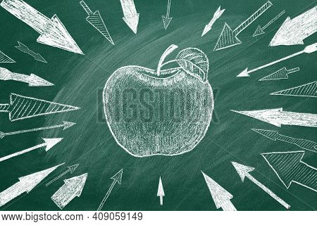 Many Different Arrows And Apple As A Target In The Center Drawn In Chalk On A Blackboard. Concept Of