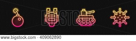 Set Line Military Tank, Bomb Ready To Explode, Bulletproof Vest And Naval Mine. Glowing Neon Icon. V