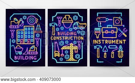 Construction Neon Flyer Concepts. Vector Illustration Of Building Promotion.