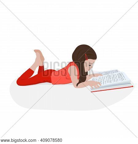 Little Girl Reads A Book And Is Lying. Distance Learning. Home Education. School Girl Girl Doing Hom