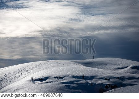 Altopiano Della Lessinia (lessinia Plateau) In Winter With Snow And Monte Tomba (tomb Mountain), Reg