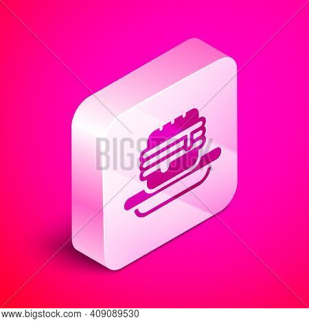 Isometric Junk Food Icon Isolated On Pink Background. Prohibited Hot Dog. No Fast Food Sign. Silver 