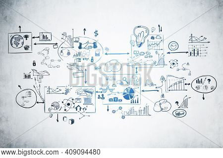 Creative Business Strategy And Planning Sketch Drawn In A Mind Map Style On Concrete Wall. Concept O