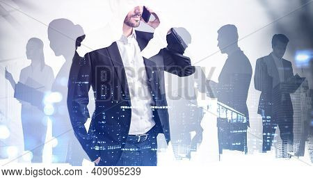 Silhouettes Of Business People Working And Rushing In Office Space, New York City Panorama. Ceo On F