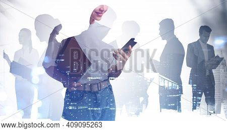Silhouettes Of Business People Working And Rushing In Office Space, New York City Panorama. Ceo On F