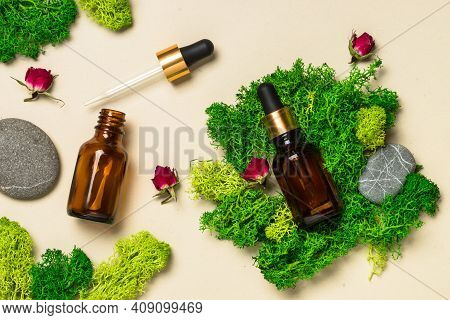 Serum Bottle At Natural Moss And Flowers. Top View Image With Copy Space.