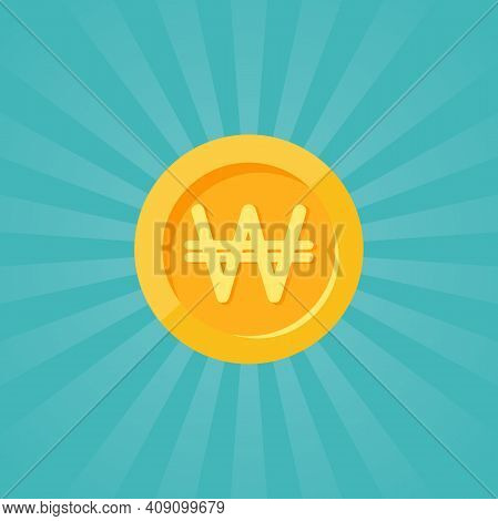 Gold Korean Won Coin With Rays. Flat Icon. Isolated On Blue. Economy, Finance, Money Pictogram. Weal