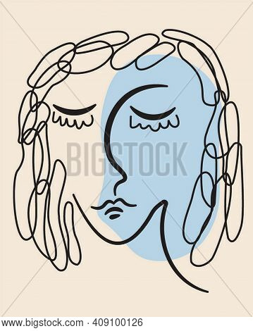 Vector Image Abstract Face Line Drawing. Woman With Closed Eyes Portrait Minimalistic Style. Surreal