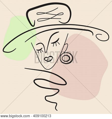 Vector Image Abstract Woman Face In Big Hat Line Drawing. Portrait Minimalistic Style. Surrealistic 