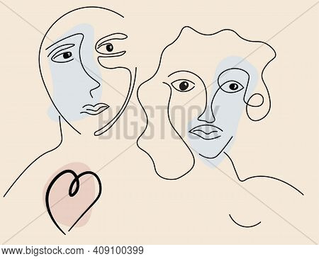 Vector Image Abstract Faces Of Man And Woman Line Drawing. Portrait Minimalistic Style. Surrealistic
