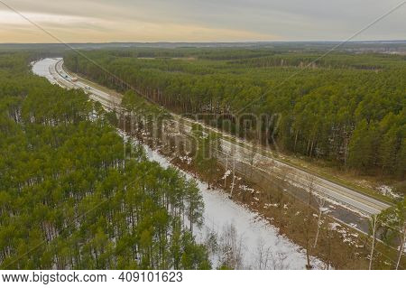A Vast Plain Overgrown With Pine Trees. Green Canopy Of Trees. It Is Winter, The Ground Is Covered W