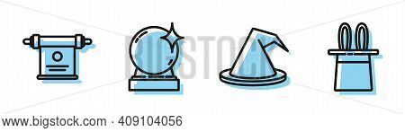 Set Line Witch Hat, Magic Scroll, Magic Ball And Magician Hat And Rabbit Ears Icon. Vector