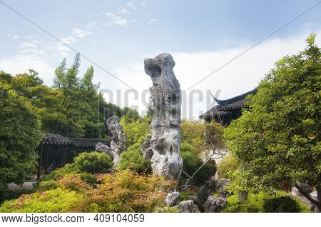 A Large Rock Formation At The Lingering Garden In Suzhou China On A Sunny Day In Jiangsu Province.