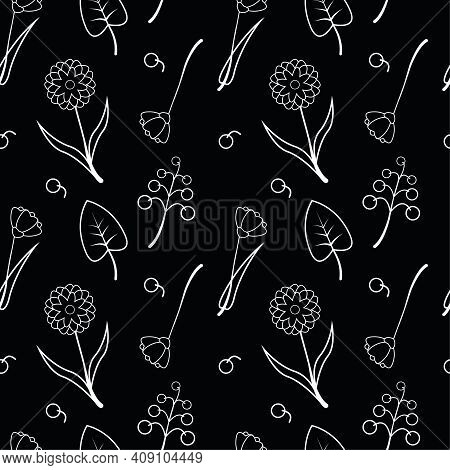 Floral Icon Seamless Simple Vector Pattern. Tiny Repeat Flower Bloom Texture White On Line On A Blac
